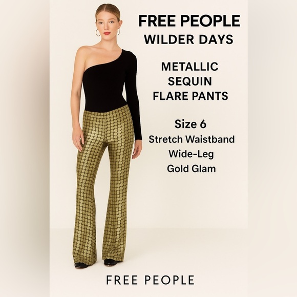 Free People,METAL Sequined Wide-Leg Pants,OOS On-Line,Excellent Condition,Size 6 - Picture 5 of 17